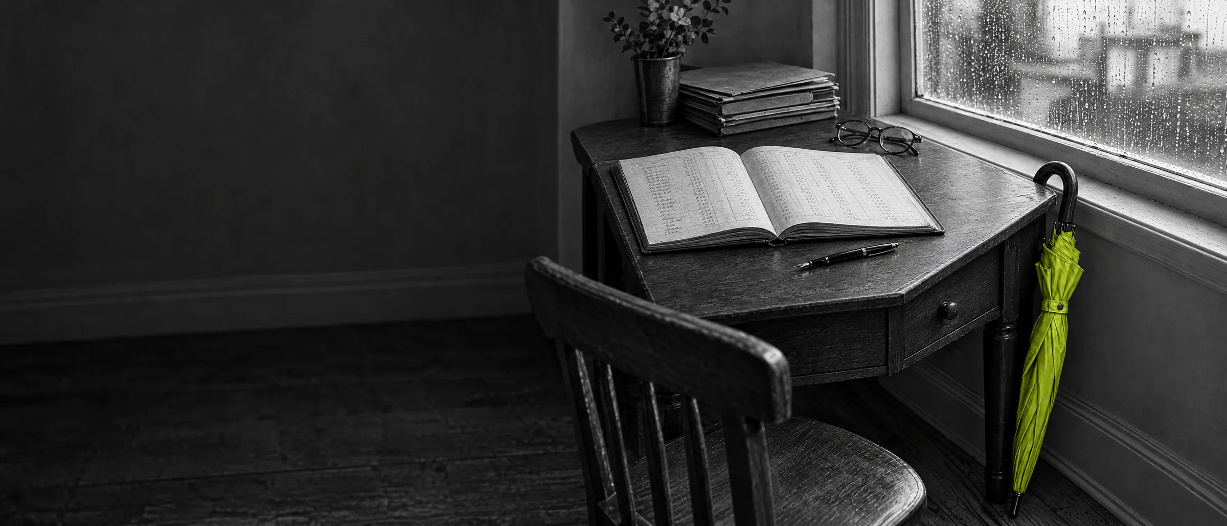 Bureau met een opengeslagen kasboek en een lime paraplu tegen de zijkant