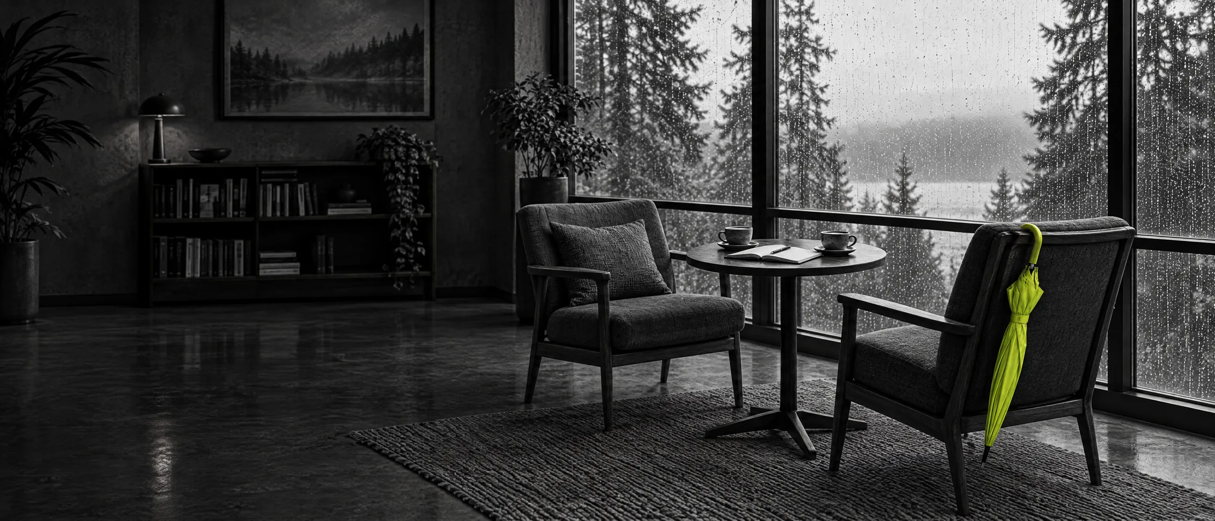 Twee stoelen aan een tafel met koffie, een lime paraplu aan de leuning