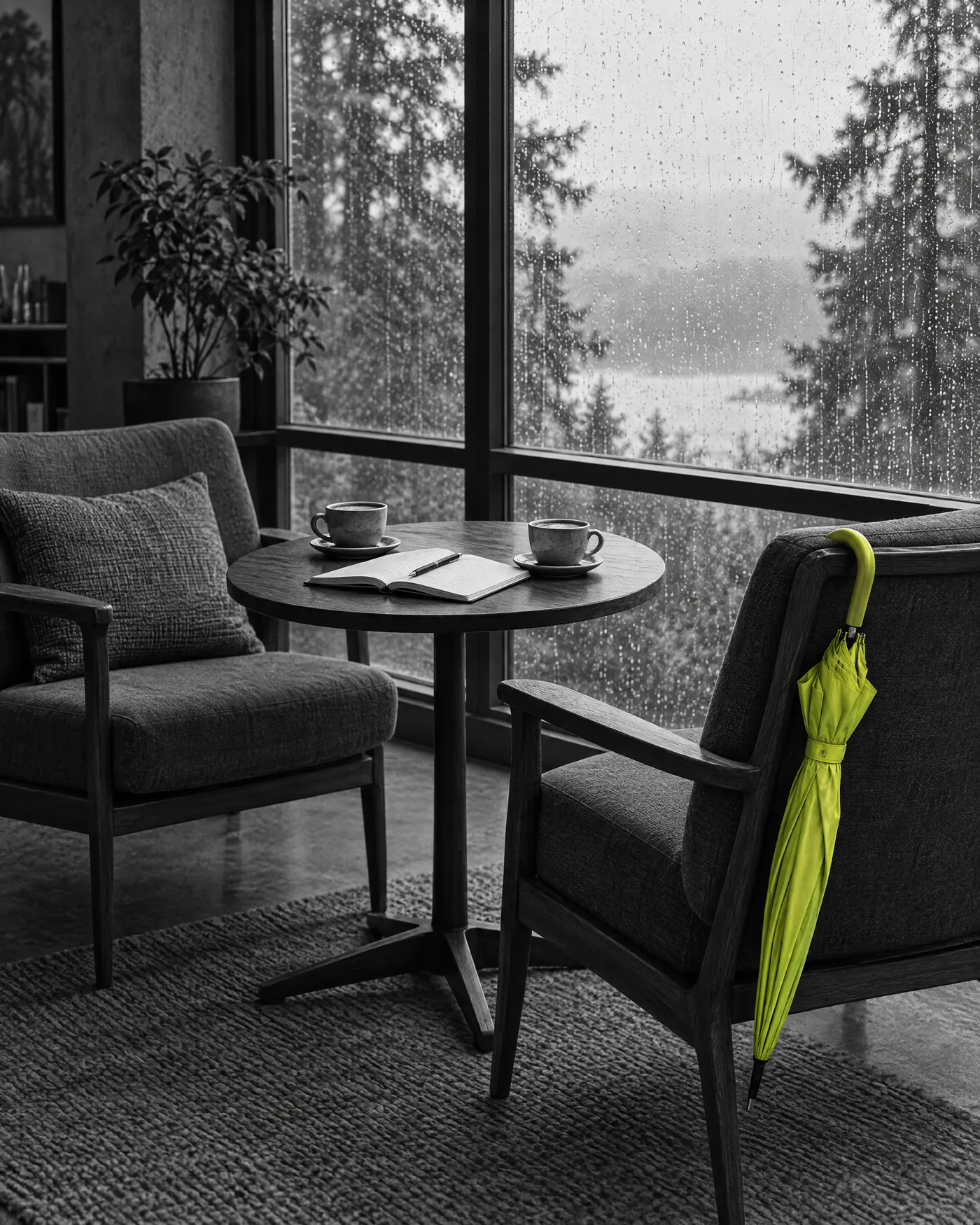 Twee stoelen aan een tafel met koffie, een lime paraplu aan de leuning