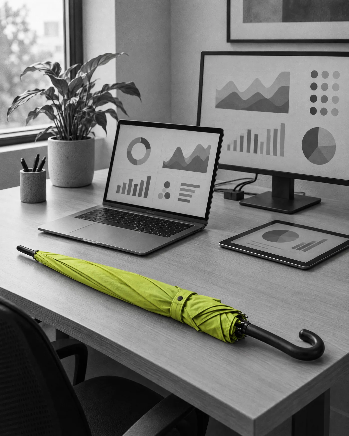 Opgeruimd bureau met laptop en tweede scherm, een lime paraplu op de hoek