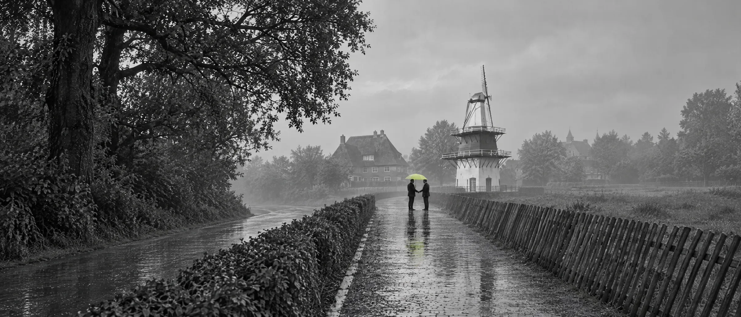 Twee mannen in pak geven elkaar een hand onder een lime paraplu op het pad langs de molen in Heemstede