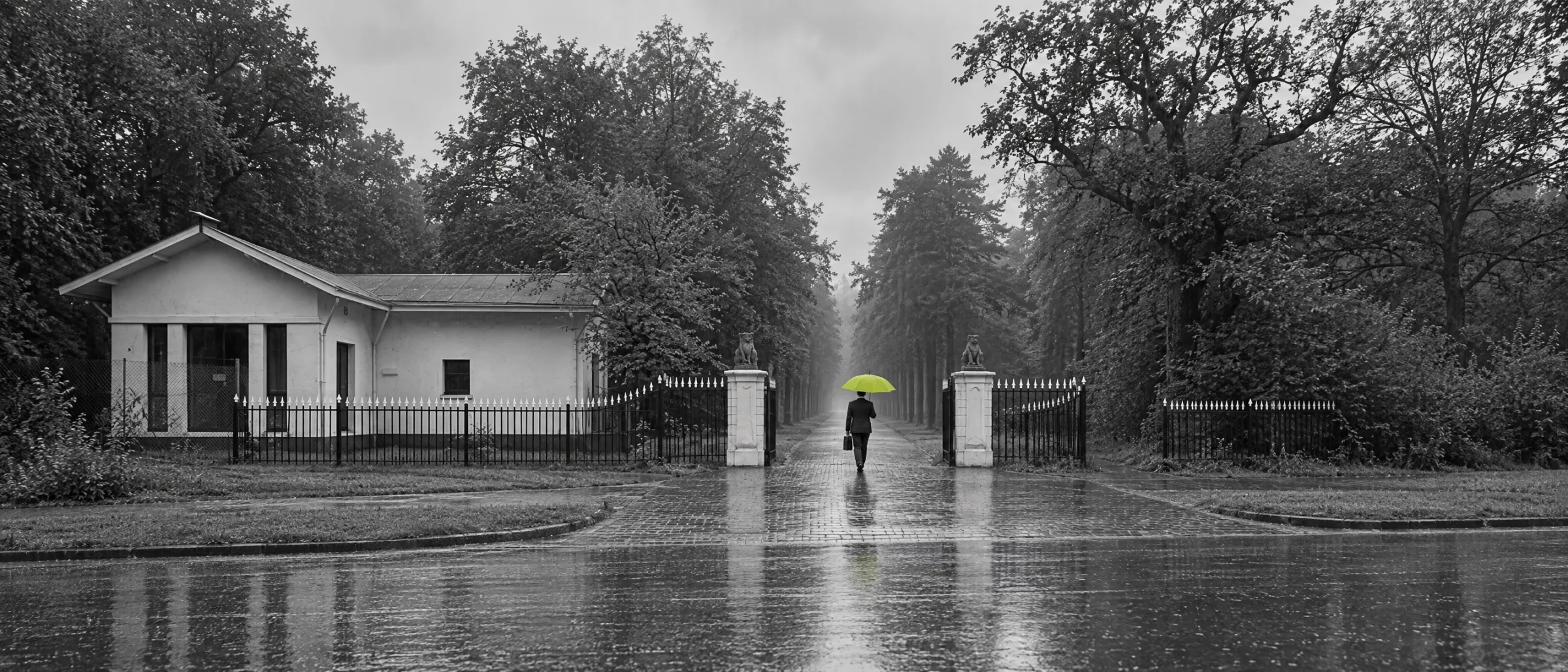 Ingang van landgoed Groenendaal bij de Konijnenberg in Heemstede, met het witte huis en een man met een lime paraplu