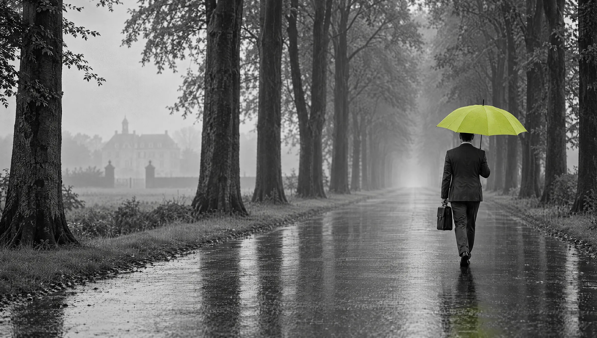 Man in pak loopt met een lime paraplu over een natte beukenlaan