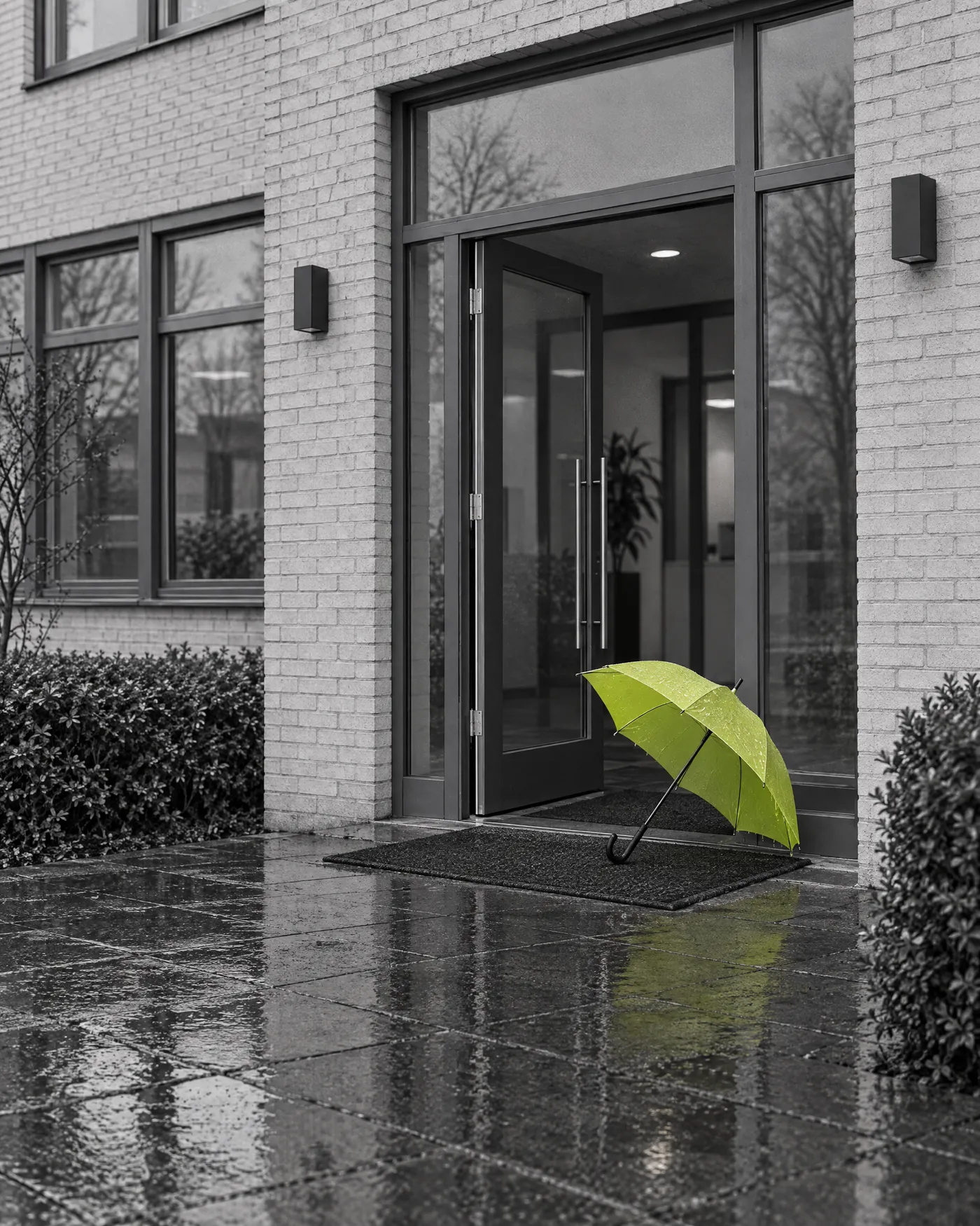 Ingang van een kantoorpand met een lime paraplu die op de mat staat te drogen