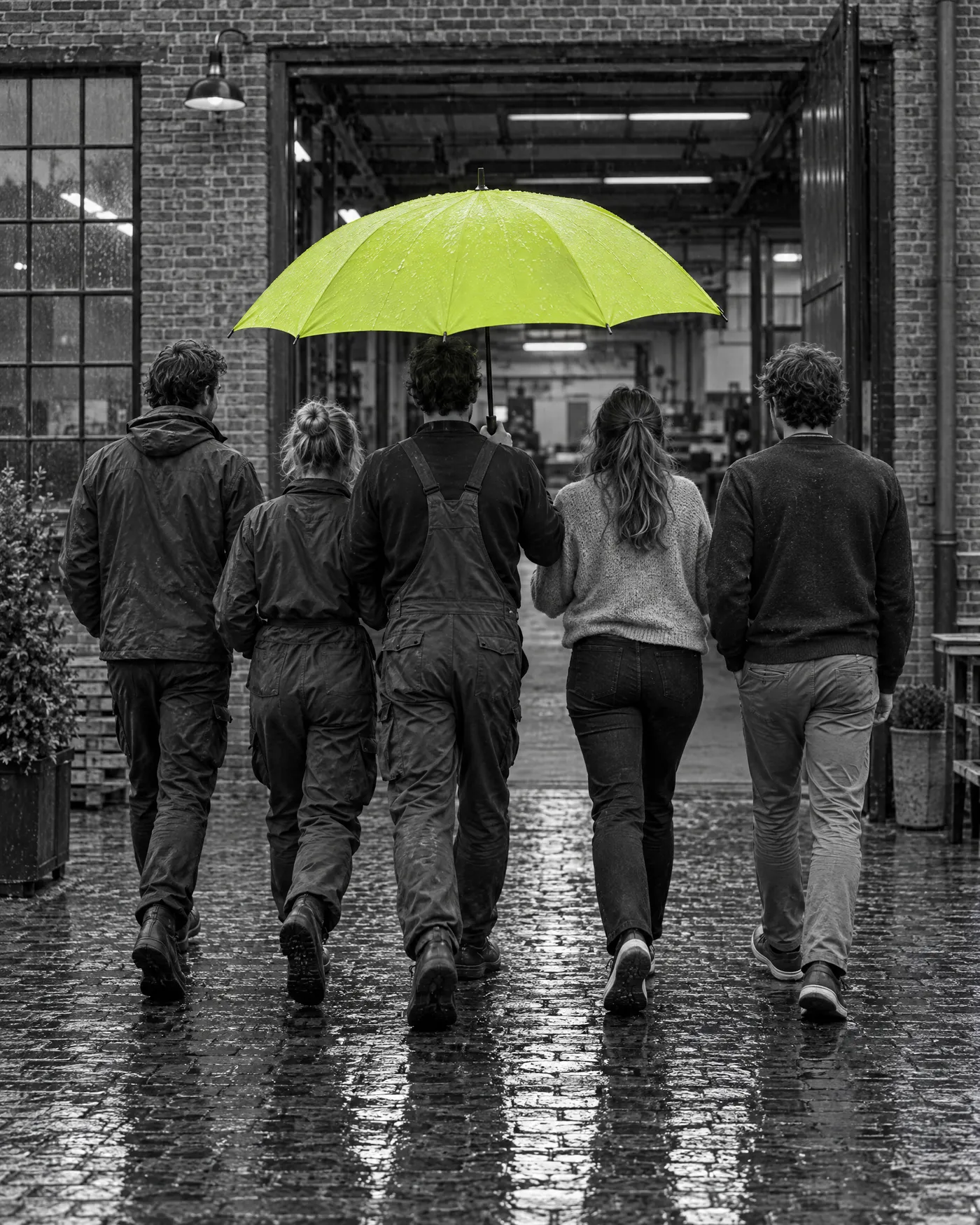 Vijf medewerkers lopen samen onder een lime paraplu een werkplaats binnen