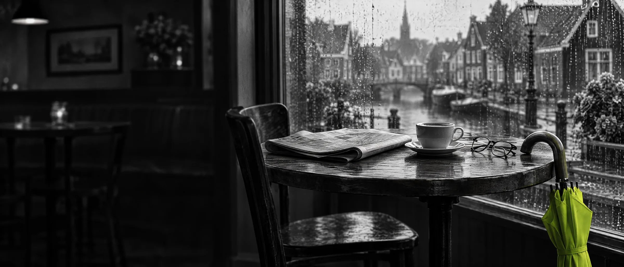 Cafetafel bij een beregend raam met een krant, koffie en een lime paraplu aan de tafelrand
