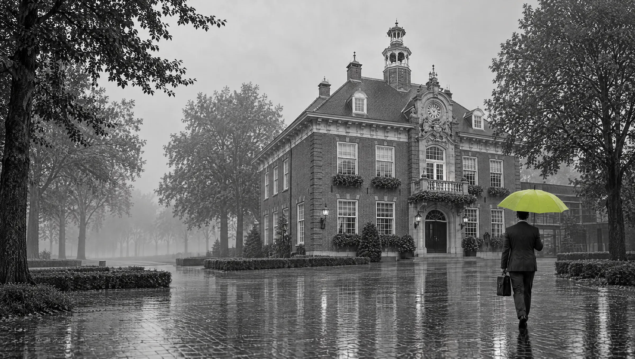 Man in pak met een lime paraplu loopt in de regen over het plein naar het raadhuis van Heemstede