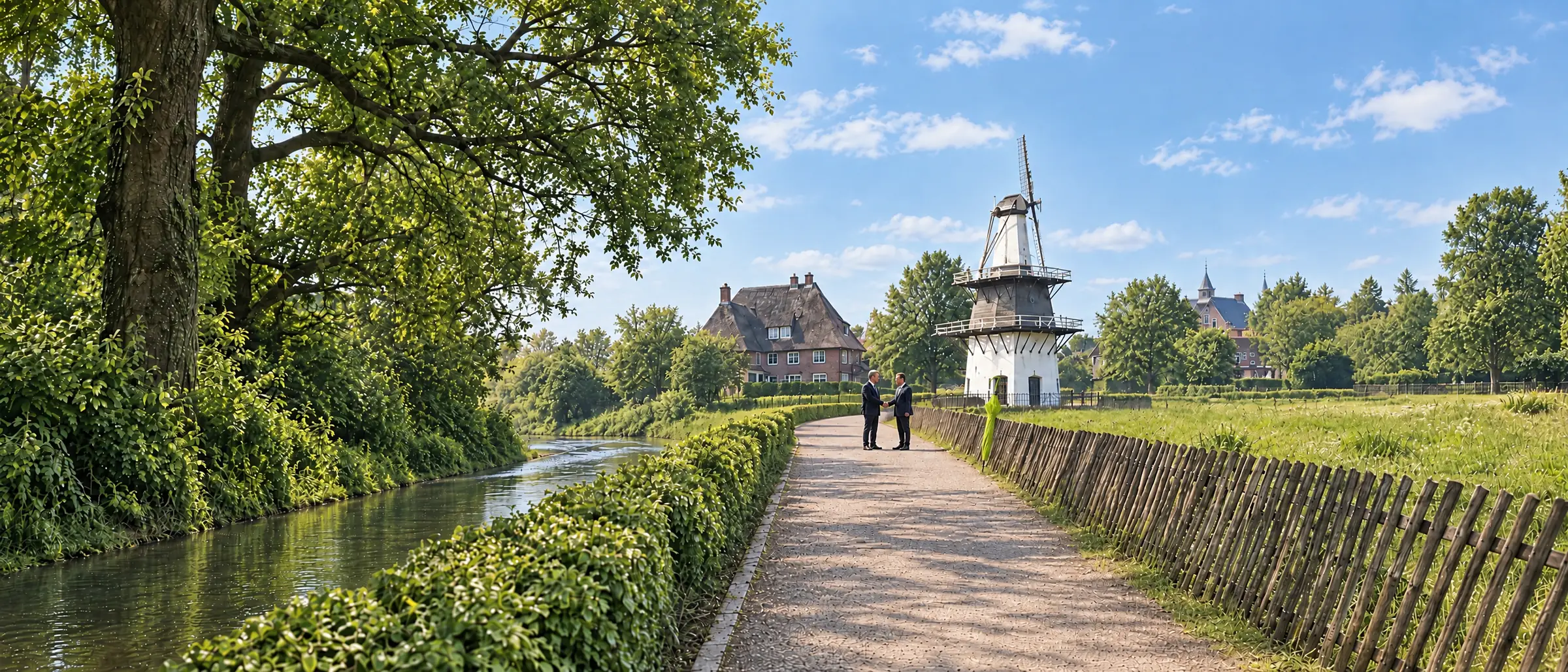 Twee mannen in pak geven elkaar een hand op het zonnige pad langs de molen in Heemstede, een lime paraplu hangt aan het hek