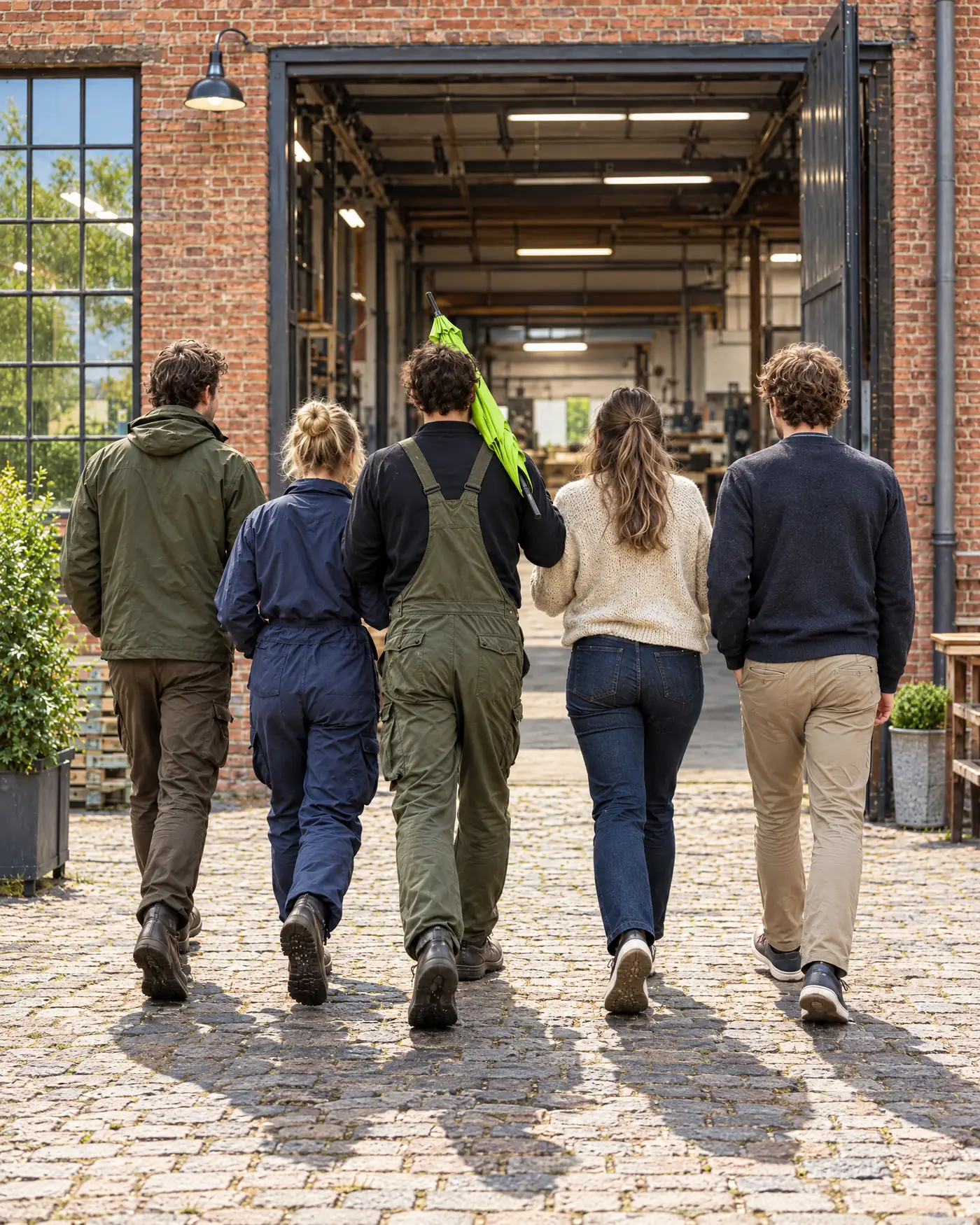 Vijf medewerkers lopen in de zon een werkplaats binnen, een van hen draagt een lime paraplu over de schouder