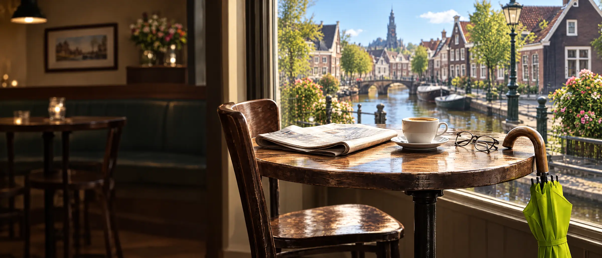 Cafetafel bij een zonnig raam aan de gracht met een krant, koffie en een lime paraplu aan de tafelrand
